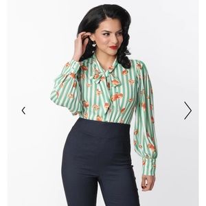 NEW Unique Vintage Green Stripe & Peaches Gwen Blouse